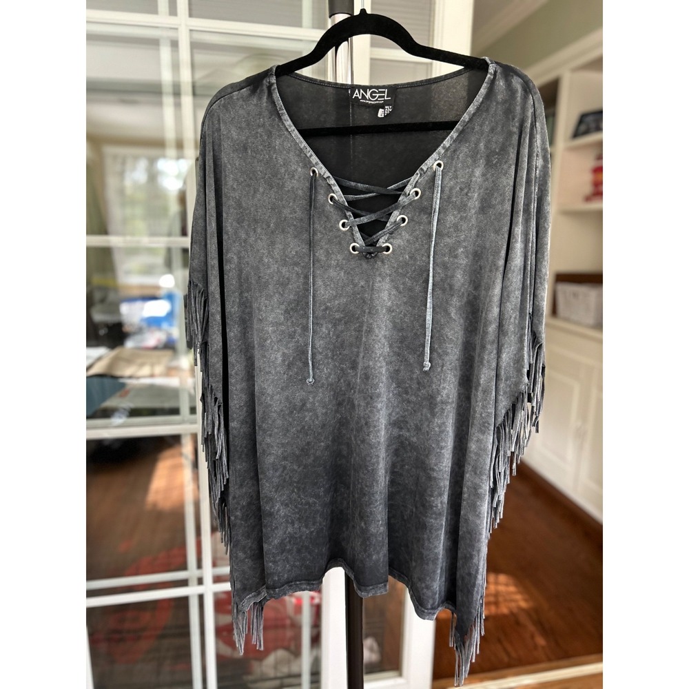 Angel Apparel Mineral Wash  Black Fringed Tunic Cover Up Poncho Boho EUC XL